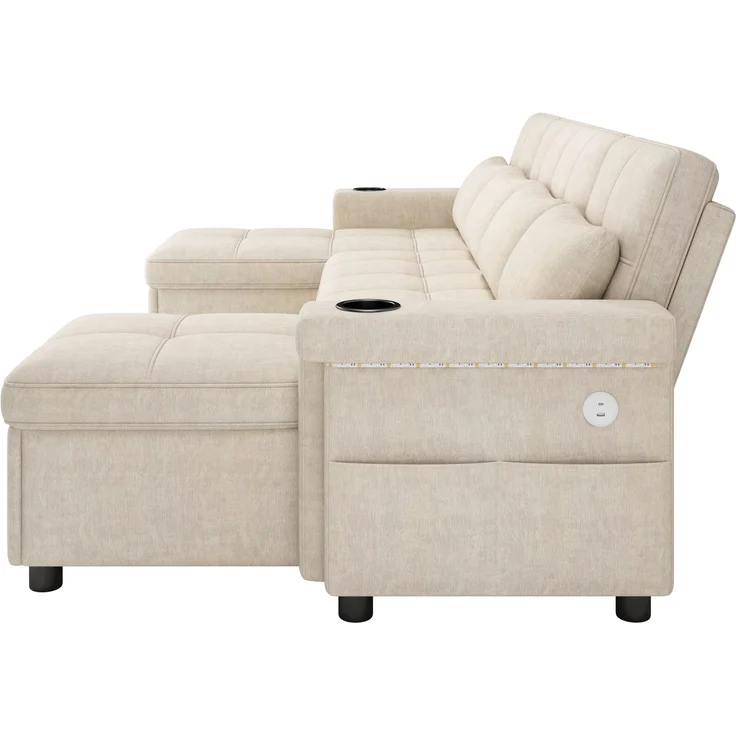 U-förmiges Ecksofa, Chenille mit Schlaffunktion und Stauraum, 268,5 x 141,5 x 90 cm, Beige – Bild 9