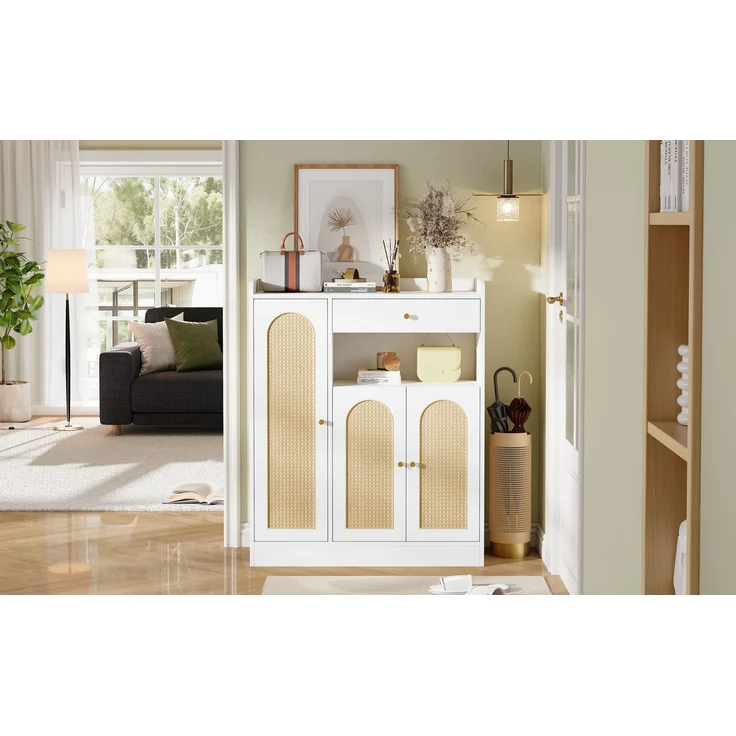 Rattan Schuhschrank / Aufbewahrungsschrank mit Stauraum, 1 Schublade, 3 Türen mit verstellbaren Regalen, für Eingangsbereich, Esszimmer und Flur, Weiß + Holz, Maße: 90 x 35 x 110 cm--Weiß+Natur--90x35x110cm--YOUDENOVA – Bild 9