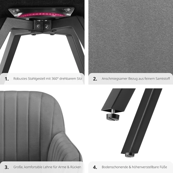 tectake Esszimmerstuhl Drehbarer Armlehnstuhl (6er Set, 6 St), gepolstert, in Samtoptik – Bild 7