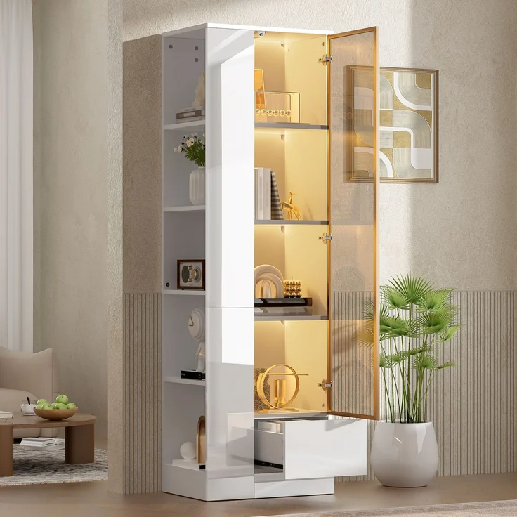 Vitrine mit Glastür & LED-Beleuchtung – Hochglanz-Schrank mit Schubladen & offenen Fächern, viel Stauraum für Wohnzimmer & Esszimmer, Weiß, 50x35x160 cm – Bild 5