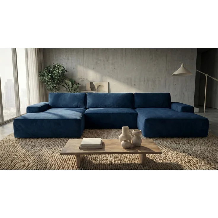 Ecksofa EINAR 362x170 cm mit Schlaffunktion, Bonellfederkern und Bettkasten, Farbe: Blau