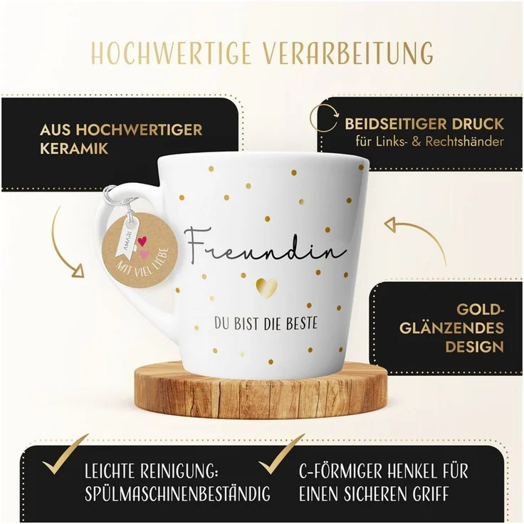 Amari Tasse Beste Freundin Spruch Gold, Geschenk beste Freundin Dankeschön, 1-tlg, Keramik, Kaffeetasse Teetasse 330 ml Geschenkbox Geburtstag Freundschaft – Bild 3