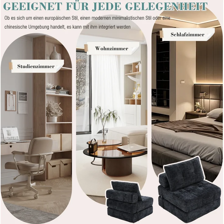 LVHOM Schlafsofa mit Schlaffunktion und Kissen, tragbares Klappsofa mit Rückenlehne, bis 200kg, für Wohnzimmer Büro, Schwarz – Bild 6