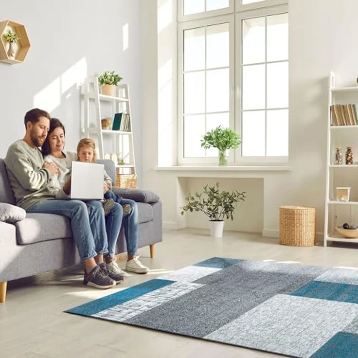 Vimoda Teppich Wohnzimmer Klassisch Karo- kariert Design, Rechteckig, Höhe: 5 mm, Läufer Kachel Optik in Türkis Grau Gelb & Lila Teppich Schlafzimmer – Bild 2