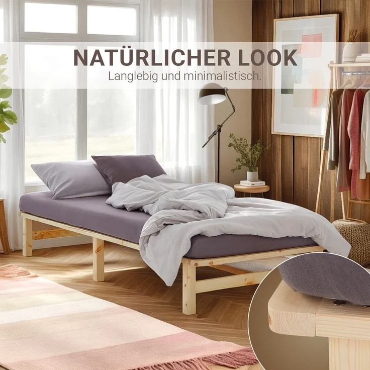Holzbett 90x200 mit Matratze Holzbettrahmen Palettenbett Einzelbett Bett Massiv Holz Bettgestell – Bild 7
