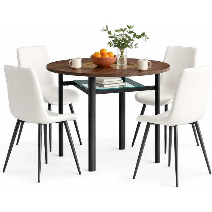 Essgruppe mit 4 Kunstlederstühlen, Tisch Ø 100x76 cm mit Glasablage, Braun/Schwarz/Weiß – Bild 4