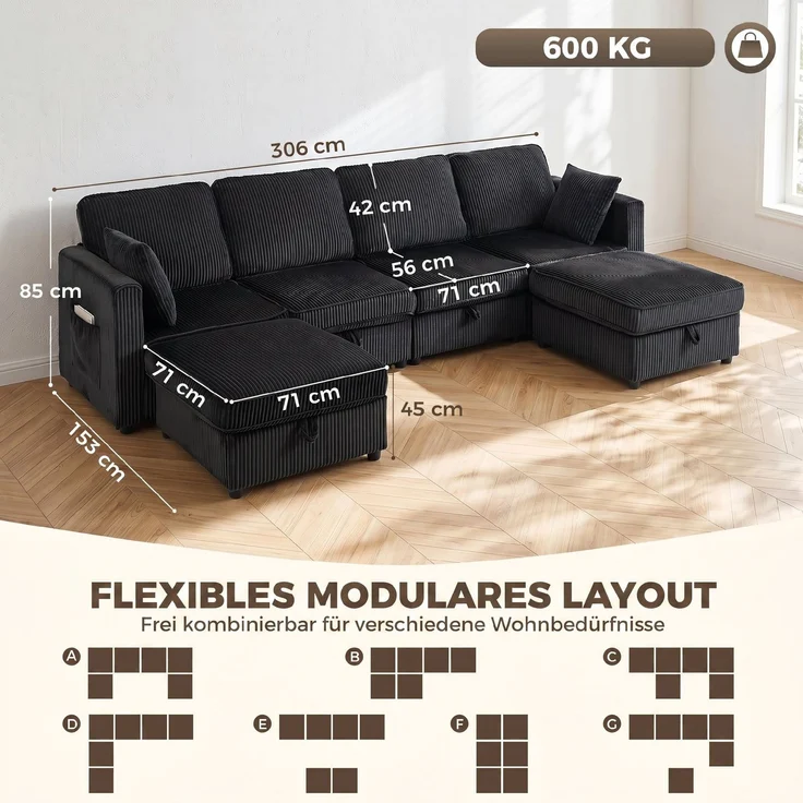 HOMCOM Ecksofa, Cord, Dunkelgrau, 306 x 153 x 85 cm – Bild 3