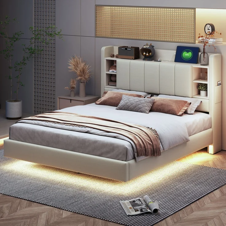EINHOM Polsterbett 140 x 200 cm, mit USB-Steckdose und Lichtleiste, Wendbares Kopfteil mit Ablagefächern und Einlegeböden mit Kleinen Ablagefächern, Stabiler Metallrahmen, Leinenstoff, Doppelbett Beige, (Ohne Matratze) – Bild 4