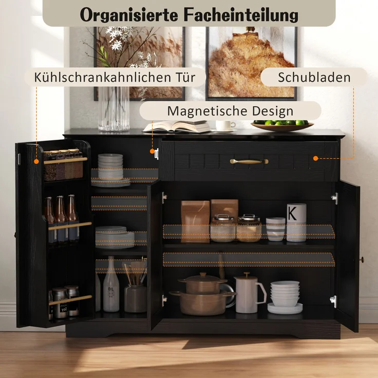 Modernes, elegantes Sideboard mit 3 Türen und einer Schublade, Buffetschrank für Esszimmer, Wohnzimmer und Diele (Schwarz) – Bild 5