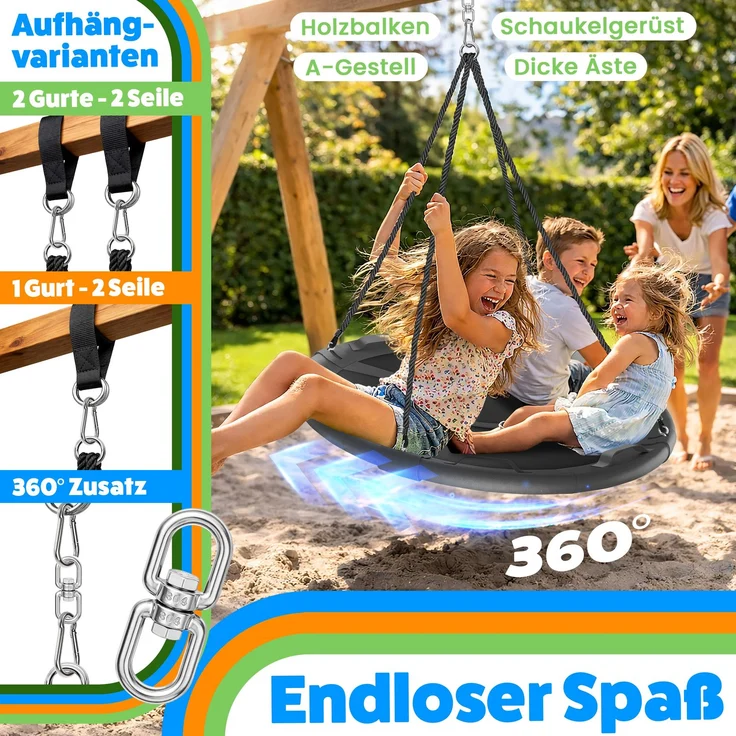 ELONEO Nestschaukel Outdoor & Indoor mit 90 oder 120 cm Durchmesser, Tellerschaukel, höhenverstellbare Hängeschaukel inkl. Kissen, Griffen und Zubehör-Set, Schwarz - 90cm – Bild 5