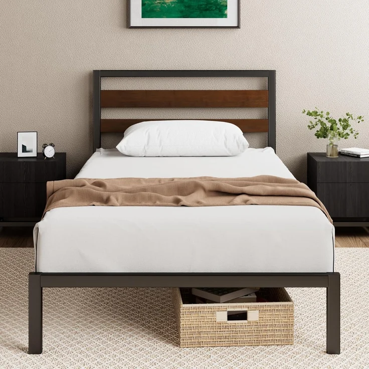 Zinus Kai Einzelbett Bettgestell 90x190 cm - 80cm Höhe - Nachhaltiges Bettgestell aus Bambus & Metall mit Kopfteil - Stahllattenstütze - Umweltfreundliches Bettgestell - Einfache Montage - Schwarz und