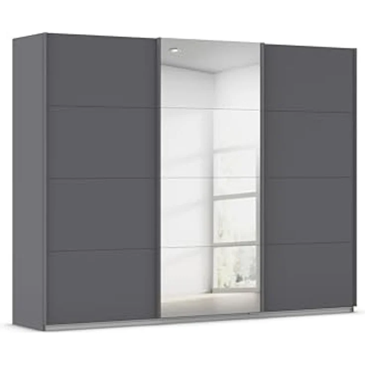 Rauch Möbel Kulmbach, Kleiderschrank mit Schwebetüren für Schlafzimmer, Kinderzimmer, Jugendzimmer, Garderobe, Flur, 3-türig, mit Spiegel, Zubehör Basic, Farbe Grau metallic, Schwarz, Breite 271 cm – Bild 1