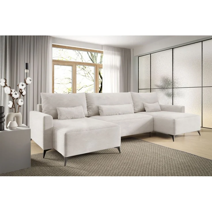 Wohnlandschaft mit Schlaffunktion SILVES Sofa U-Form Stoff Poso Altweiß – Bild 1