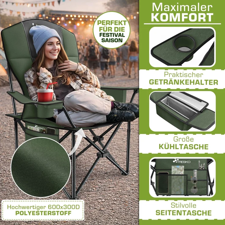 TRESKO® Campingstuhl Faltbar bis 200kg | Faltstuhl mit Kühltasche, Getränkehalter & Seitentasche | Klappstuhl XXL inkl. Tragetasche | Angelstuhl gepolstert für Outdoor, Angeln, Festival & Garten – Bild 5