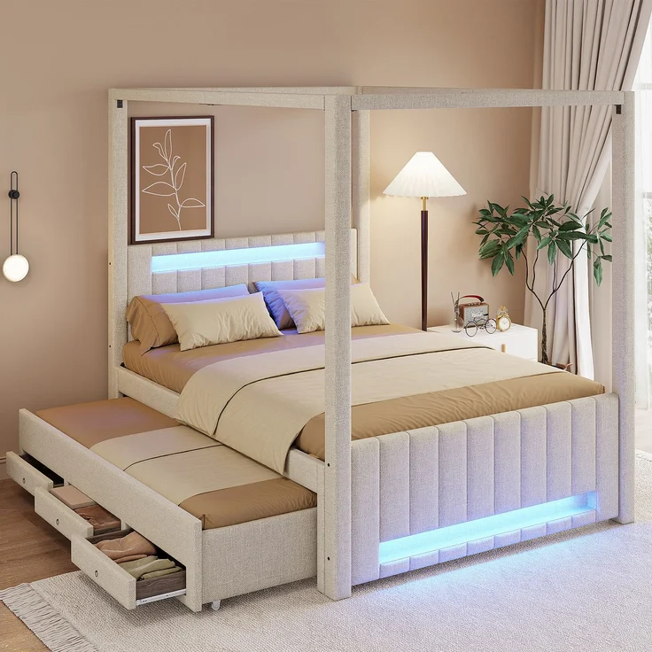 140x200 cm großes Polster-Himmelbett mit Ausziehbett und drei Schubladen, LED-Beleuchtung Beige – Bild 4