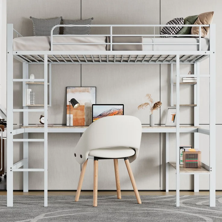 Weißes Metall-Hochbett 90×200cm mit Schreibtisch, vier dreieckigen Kleinregalen + großem Bücherregal, Stahl+E1-MDF, inkl. 24 Lattenroste, ohne Matratze, Gesamt L204,5 × T95 × H180,5 cm – Bild 3