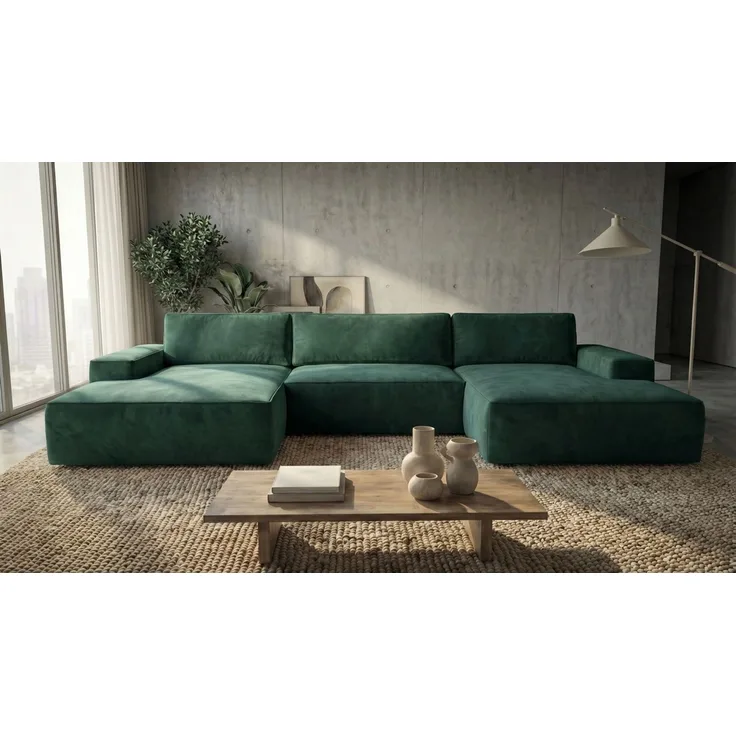 Ecksofa EINAR 362x170 cm mit Schlaffunktion, Bonellfederkern und Bettkasten, Farbe: Grün