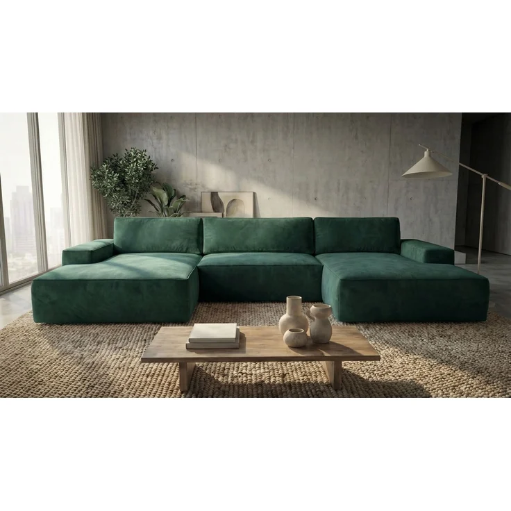 Ecksofa EINAR 362x170 cm mit Schlaffunktion, Bonellfederkern und Bettkasten, Farbe: Grün – Bild 1