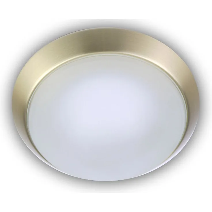 Deckenleuchte, Glas Weiß mit Klarrand, Dekorring Messing matt, Ø 25cm