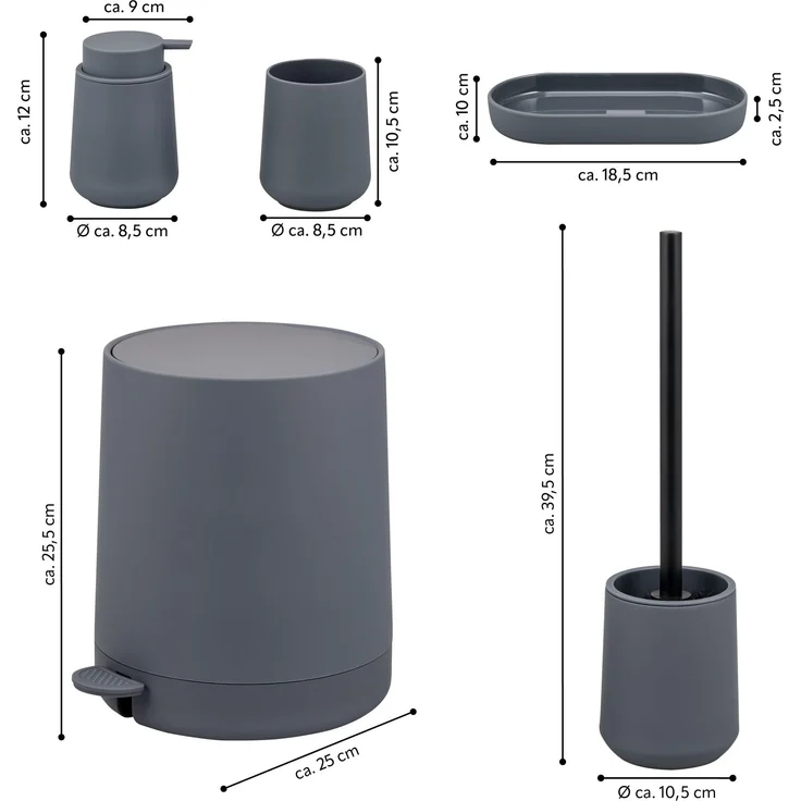 Bad-Accessoires Set TESERO 5tlg. bestehend aus 1x Seifenspender, 1x Becher, 1x Schale, 1x WC-Garnitur, 1x Kosmetikeimer aus Kunststoff in Grau – Bild 7