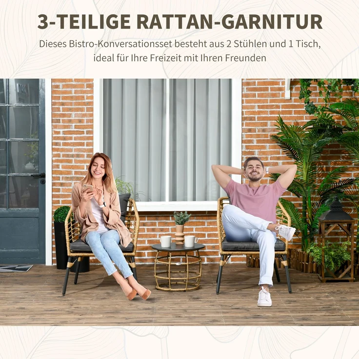 Flieks Gartenmöbel Set 3-tlg mit 2 Stühlen, Couchtisch & Kissen, Outdoor Balkonmöbel Set für 2 Personen, Rattan, Grau – Bild 6