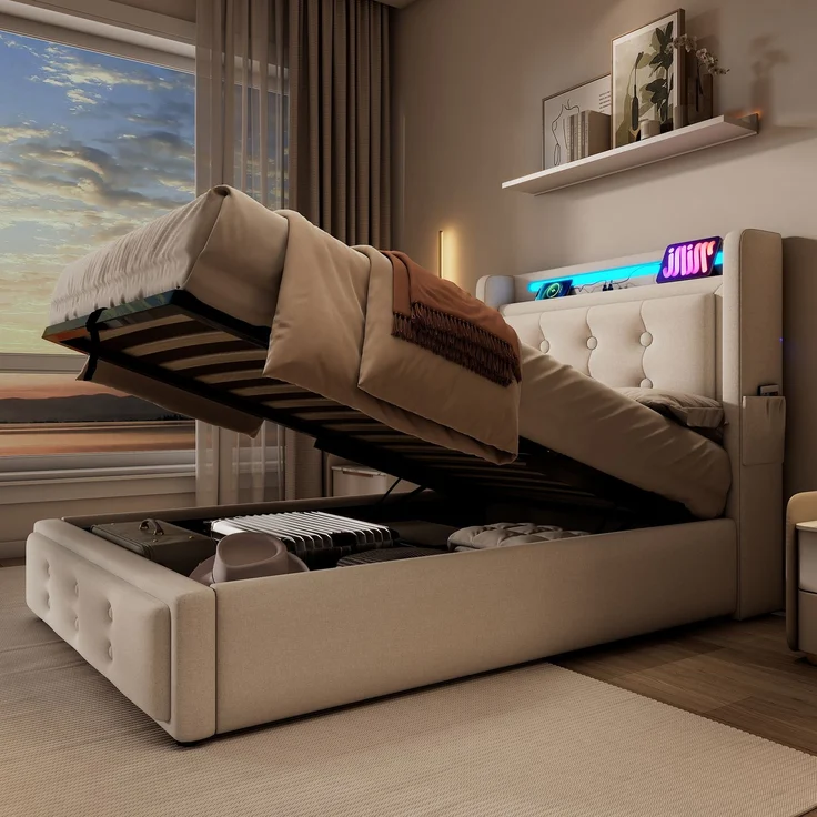 Einzelbett 90x200 cm mit Kopfteil, LED-Beleuchtung, USB Type-C Steckdose, Stauraum & Baumwoll-Leinenbezug,Beige – Bild 4