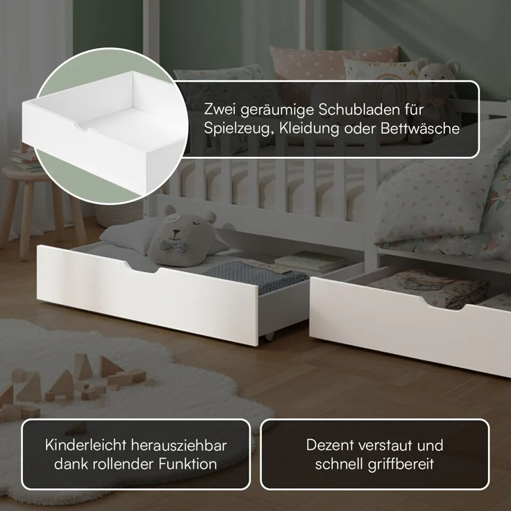 Bellabino 'Bia' Hausbett 90x200 cm mit Matratze und 2 Schubladen, weiß, Kiefer Massivholz, Montessori Kinderbett mit Stauraum, inkl. Rausfallschutz und Lattenrost – Bild 5