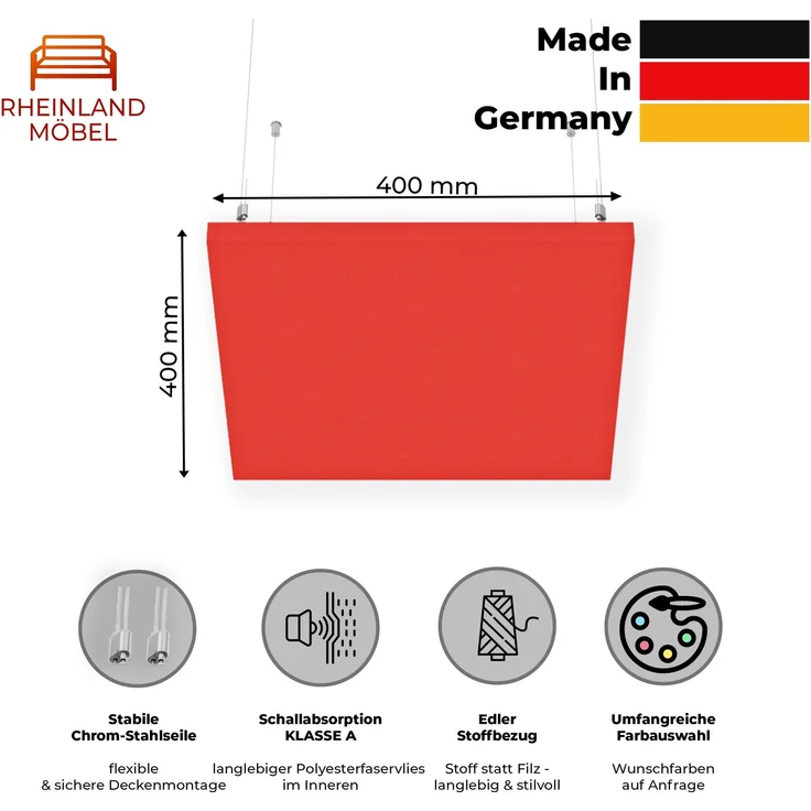 Rheinland Möbel FocusWall DAQ0404 – Quadratischer Akustik-Deckenabsorber 40×40 cm in Stofffarbe Tortuga inkl. Chrom-Stahlseilen - Made in Germany - Klasse A, Stoffbezug, schwer entflammbar – Bild 2