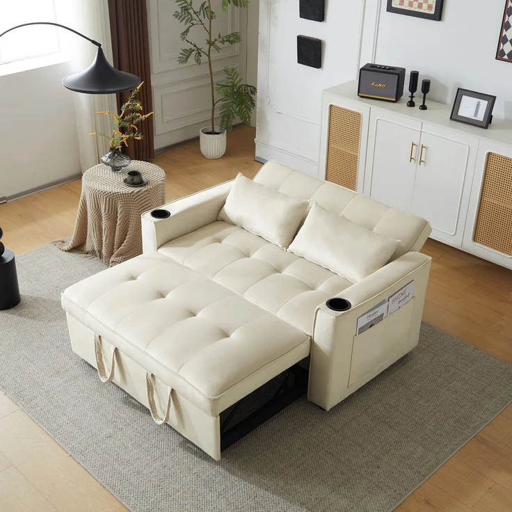 Schlafsofa 2-Sitzer mit verstellbarer Rückenlehne, Samtbezug & Getränkehaltern – Modernes Sofa mit Bettfunktion und Stauraum,Beige – Bild 5