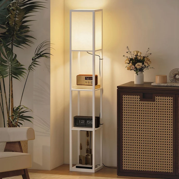 JARDJ Stehlampe mit Ablagen, dimmbarem Licht, Fußschalter und USB-Anschlüssen, Weiß – Bild 4