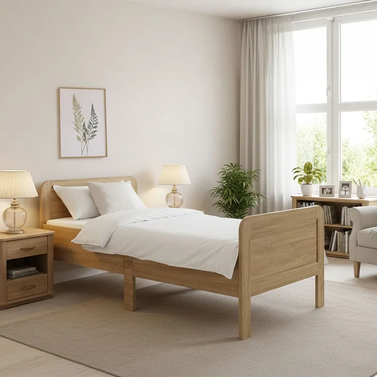 Komfortbett 90x200 mit Lattenrost Seniorenbett Höhenverstellbar Holzbett Eiche Einzelbett Hohes Bett Bettgestell