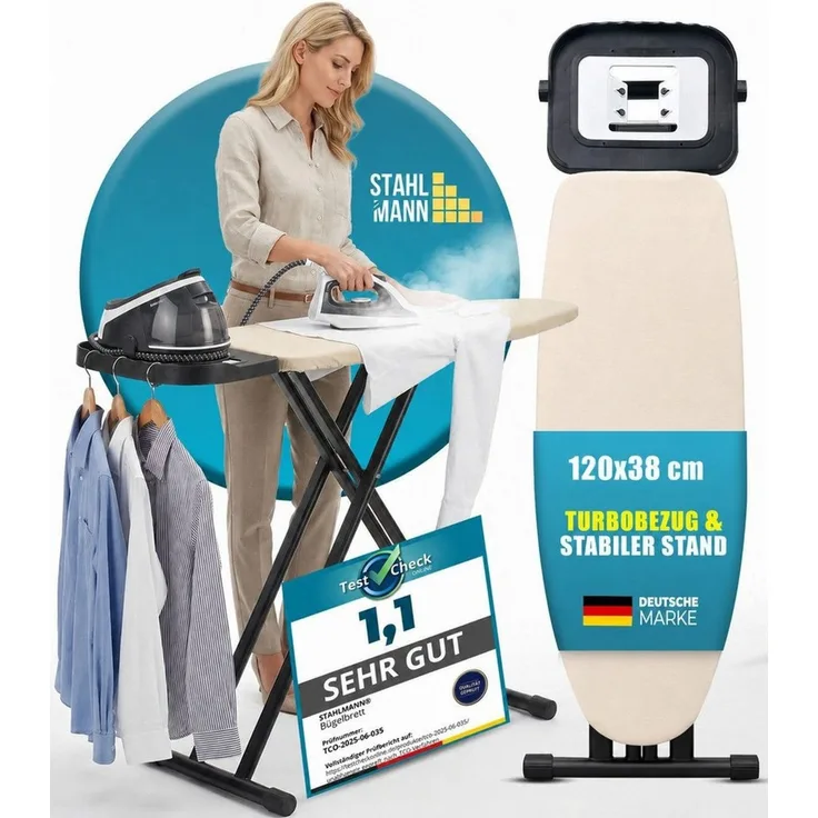 STAHLMANN Bügelbrett Scorpio Oval [120 × 38 cm], Made in EU, TestCheck 1,1, Mesh, Bügelfläche 120x45 cm, Made in EU · Oval · TestCheck 1,1 SEHR GUT