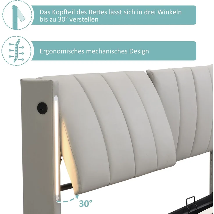 Novelux LED Polsterbett 180x200 cm mit Stauraum & USB, hydraulisches Bett mit verstellbarem Kopfteil – PU-Kunstleder Grau, Lattenrost, ohne Matratze – Bild 4