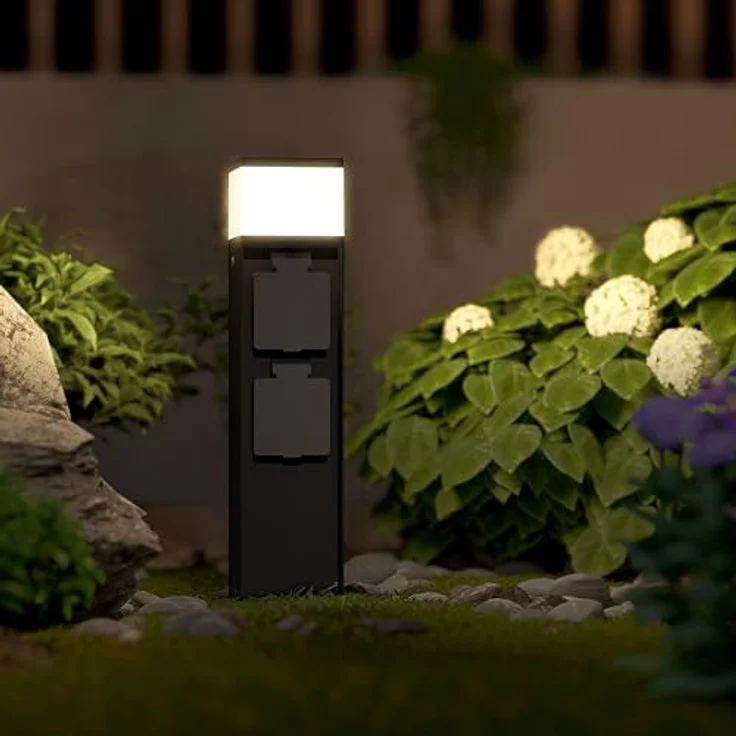 SSC-LUXon LED Gartenstrahler Pollerleuchte ZAVO schwarz für G9 Lampen mit zwei Schuko Steckdosen – Bild 5