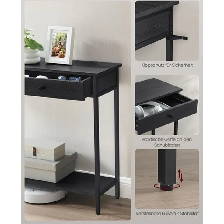 Vasagle Konsolentisch, Flurtisch, Beistelltisch, Sofatisch mit 2 Schubladen, Stahlgestell, Flur, Wohnzimmer, Industrie-Design, anthrazitgrau-tintenschwarz LNTDE015B07 – Bild 4