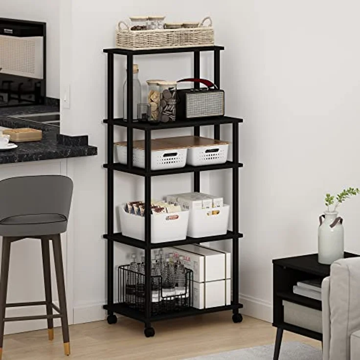Furinno Turn-N-Tube 5-stufiger werkzeugloser Küchenaufbewahrungswagen, Americano/Schwarz – Bild 4