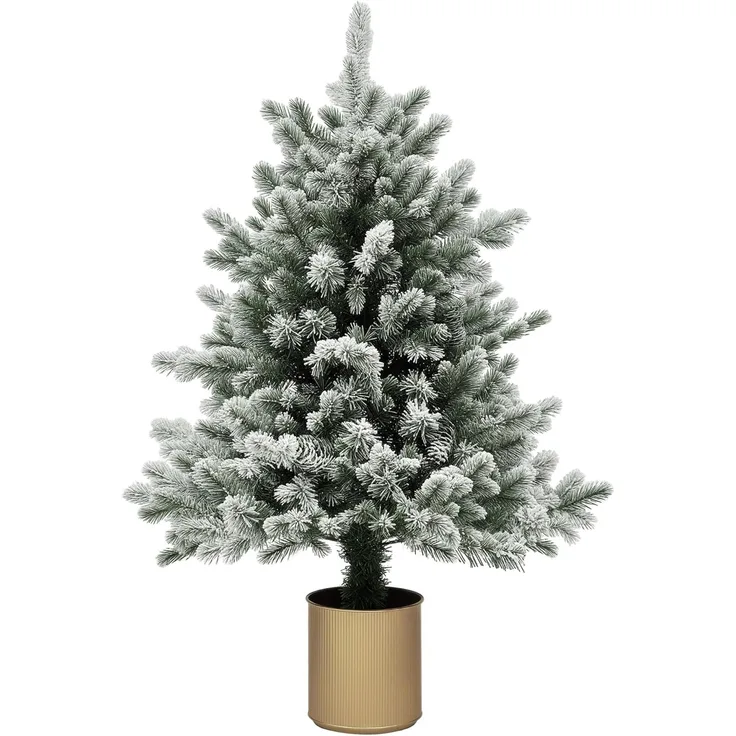 HOMCOM Künstlicher Weihnachtsbaum 100 cm, mit 130 Spitzen, Kunstschnee, Blumentöpfe, flammenhemmend, Künstlicher Baum, für Weihnachten Deko, grün+gold