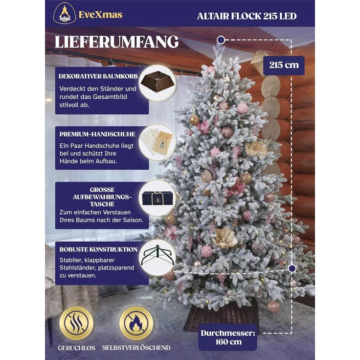 EveXmas Altair Flock Künstlicher Weihnachtsbaum Grün-Weiß 215 cm mit 490 LEDs – beschneite Optik, 100% PE Spritzguss, inkl. Metallständer – Bild 2