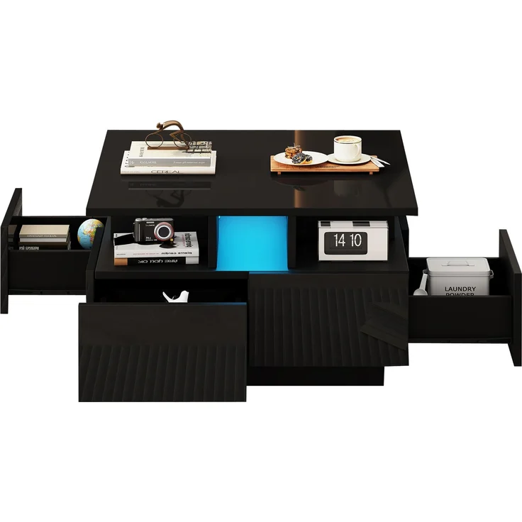 Merax Couchtisch mit LED licht, sofatisch mit 4 schubladen, Beistelltisch, Schwarz – Bild 10