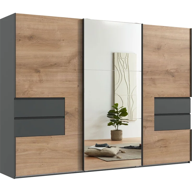 Schwebetürenschrank Kleiderschrank 300 cm Spiegel Schubladen Grafit, Eiche Dekor – Bild 1