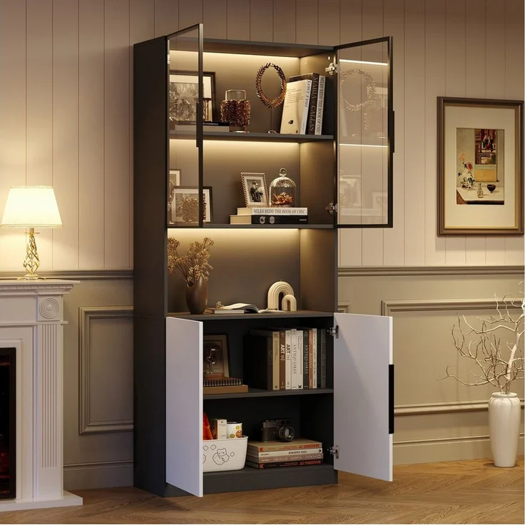 MODFU Vitrine weiße Türen mit schwarzer Dekoration (Bücherregal für Sammlerstücke, 1-St, 4 Türen(2 Glastüren) mit Glastüren,LED-Leuchten,einstellbare Farbtemperatur und Helligkeit – Bild 2