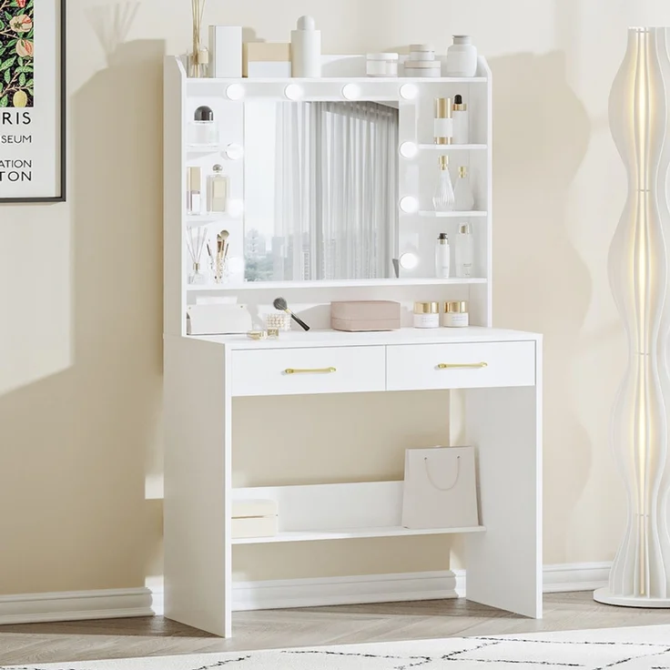 Schminktisch mit Spiegel, Schminktisch mit Ablageflächen und 2 Schubladen, für Schlafzimmer, Wohnzimmer, Verstellbare Helligkeit, 40 x 80 x 149 cm, Weiß – Bild 1