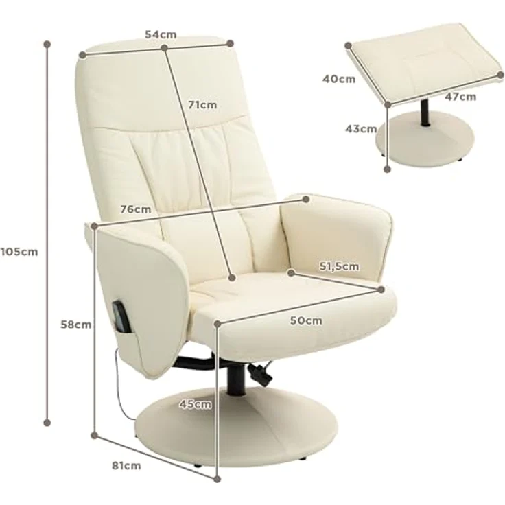 HOMCOM Massagesessel mit Fußhocker, Liegefunktion, 10 Massagepunkte (Relaxsessel, 2-St, Fernsehsessel), mit Seitentasche, Fernbedienung, Kunstleder, Cremeweiß – Bild 4