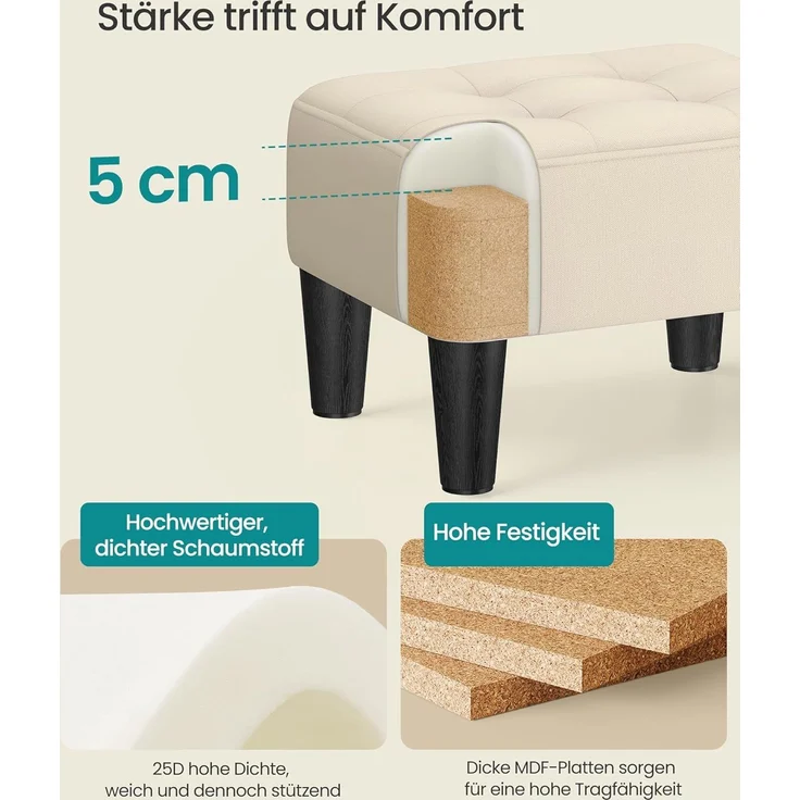 SONGMICS Fußhocker, Leinenimitat, Hocker klein, Dicke Polsterung, bis 150 kg belastbar, für Wohnzimmer Schlafzimmer Eingangsbereich, sandbeige-tintenschwarz LOM502LF01 – Bild 5
