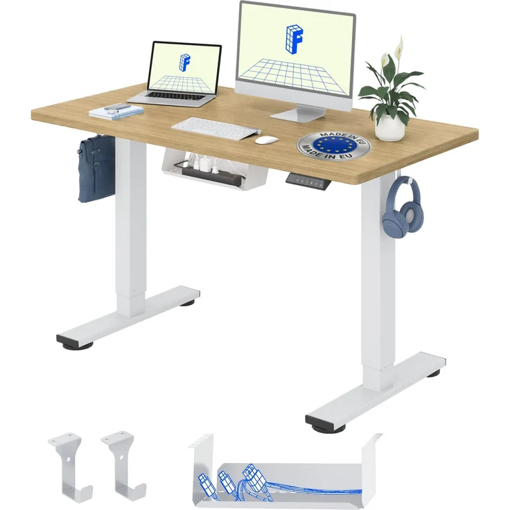 FLEXISPOT Höhenverstellbarer Schreibtisch elektrisch 140×80cm– Schreibtisch in Heller Eichenoptik, 25 mm Tischplatte, leiser Motor für Homeoffice & Wohnräume (Natur-Eiche Optik, Weiß Gestell)