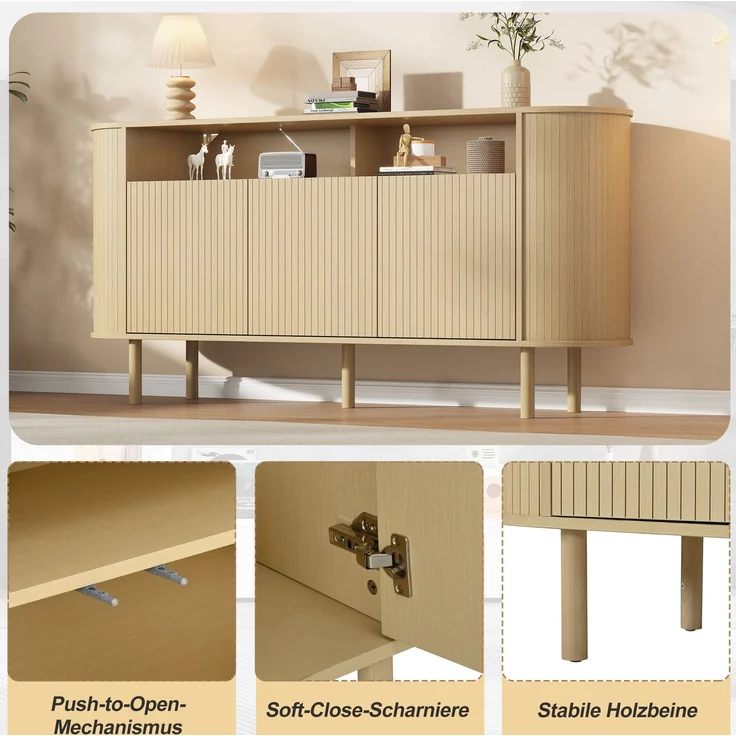 DESVIAE Sideboard Naturholz aus Spanplatte – 160x78,5x40 cm – 3 Wellentüren, offene Fächer – Bild 4