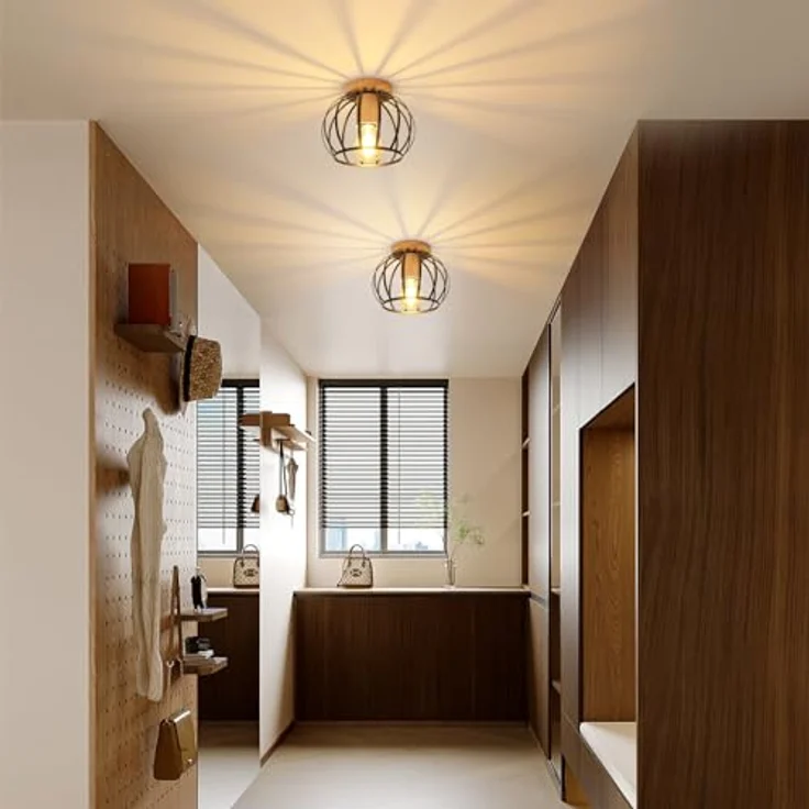 Comely Deckenleuchte Vintage, Industrial Deckenlampe Metall in Käfigform, Retro Kronleuchter E27 für Schlafzimmer, Wohnzimmer, Eingang, Flur (Schwarz+Holz) – Bild 10