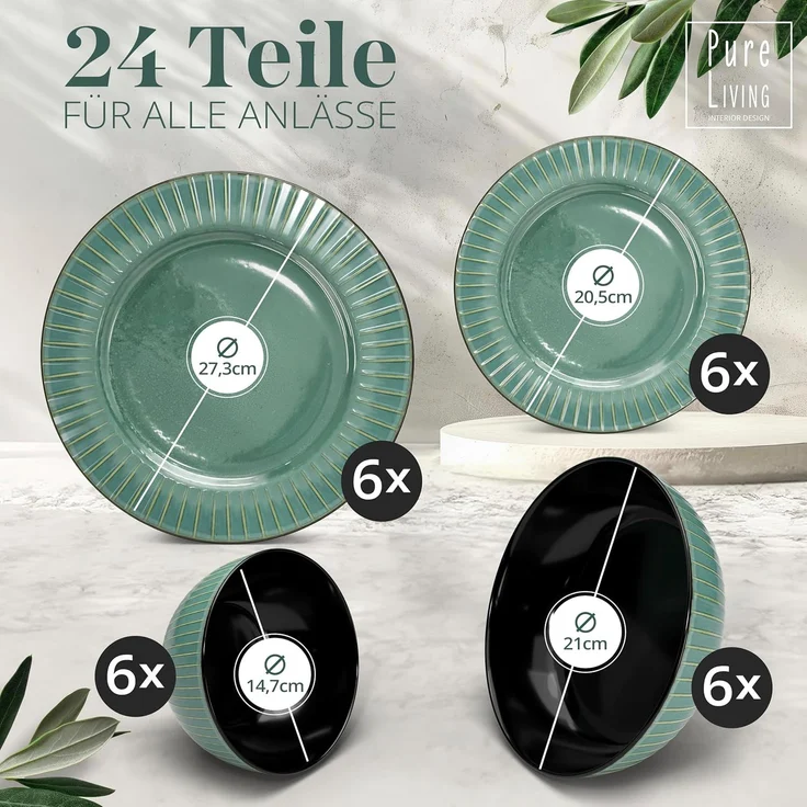 Steingut Geschirrset 6 Pers. Tokyo 24-tlg Hochwertiges Asia-Style TEST SEHR GUT Steingut Geschirr Set - Schüssel- und Teller Set - Tafelservice 6 Personen Geschirrsets Pure Living in Grün – Bild 3