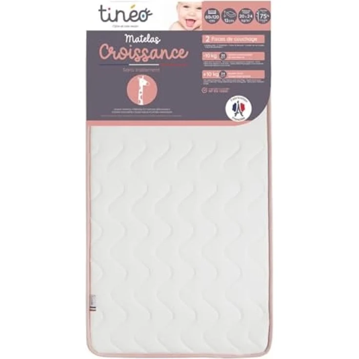 Tinéo – Babymatratze Wachstum 60 x 120 x 12 cm – Angepasst an das Wachstum des Babys – Fest – 2 schlafseiten: Dichte 16 kg/m³ und 24 kg/m³ – Keine Behandlung, Weiß – Bild 2