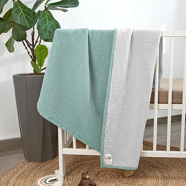 Lulu moon Musselin-Babydecke – Baumwoll-Steppdecken für Kleinkinder – wendbare Kinderbettdecke für Babys, Jungen und Mädchen, 120x120 cm (Salbei) – Bild 4